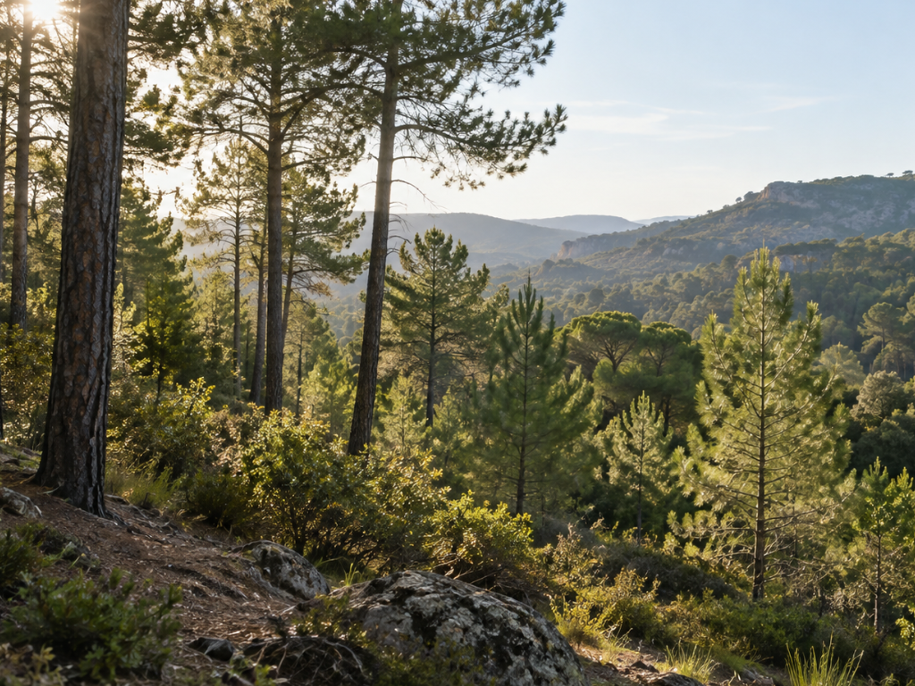 Bosque sostenible en España con árboles jóvenes y adultos rodeados de vegetación